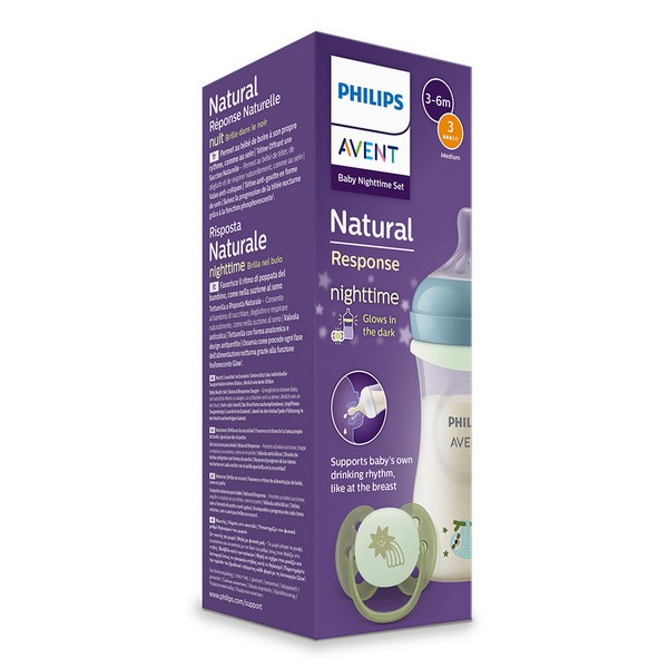 Продукт Нощен комплект за бебе Philips AVENT SCD838/17 със шише за хранене - Natural Response 260 мл с биберон без протичане със среден поток и залъгалка Ultra Soft - 0 - BG Hlapeta