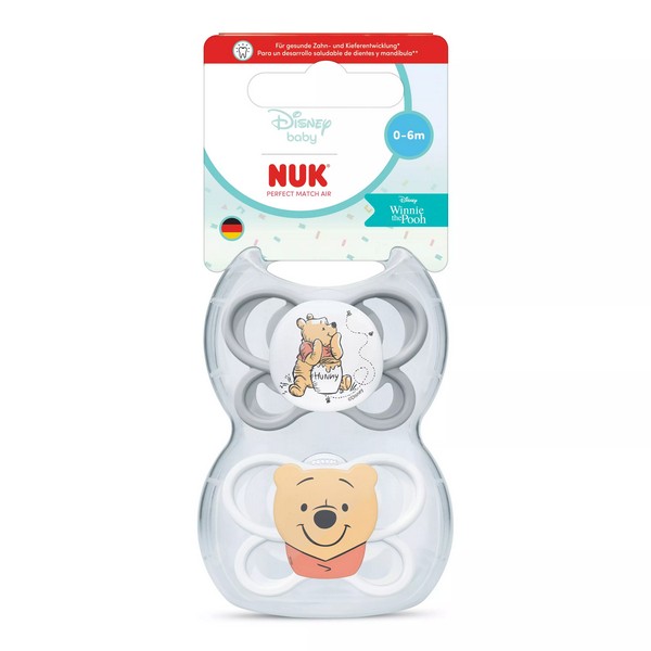 NUK Perfect Match AIR - биберон-залъгалка, силикон 0-6 мес., 2 бр. Мечо Пух