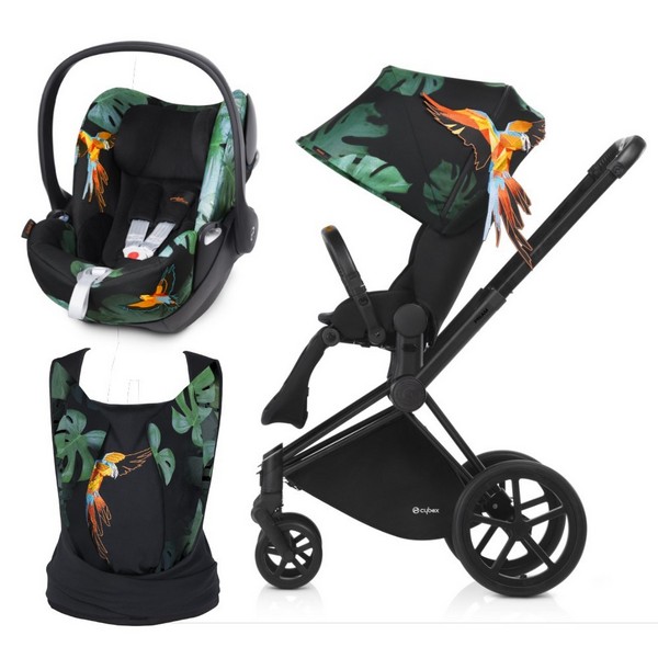 Cybex Priam Birds of Paradise - Черно шаси, kошница за кола, луксозна седалка и ергономична раница 