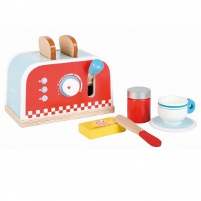 Lelin Toys - Дървен детски тостер, с комплект за закуска
