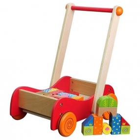 Lelin Toys - Дървена количка за прохождане, с конструктор, 30 части