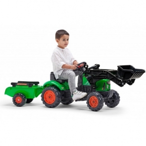 Falk - Детски трактор с едно гребло, ремарке, отварящ се капак и педали - зелен