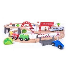 Woodyland - Дървен комплект с релси, виадукт и електрически локомотив