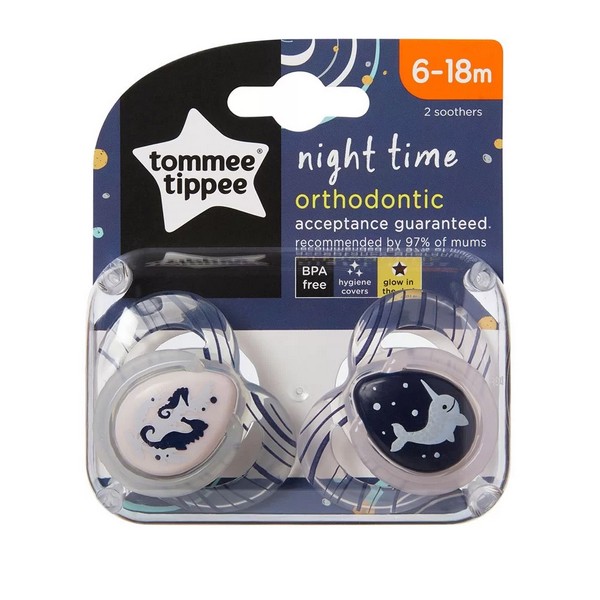 Продукт Tommee Tippee - Ортодонтични залъгалки NightTime 6-18m - 2 бр./оп. - 0 - BG Hlapeta