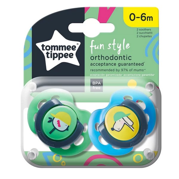 Продукт Tommee Tippee - Ортодонтични залъгалки FUN STYLE, 0-6m, 2 бр./оп. - 0 - BG Hlapeta