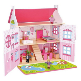 Tooky Toy Приказен свят - дървена двуетажна къща за кукли, с обзавеждане и кукли