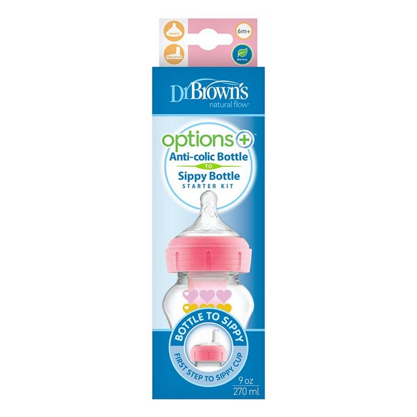 Продукт Dr.Brown's  - Преходно шише Wide-Neck Options+ Pink Hearts 270ml - 0 - BG Hlapeta