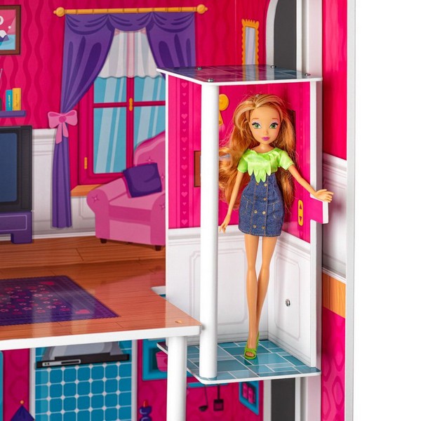 Продукт Woodyland Мирабела - Дървена къща с обзавеждане и асансьор за кукли тип Барби - 0 - BG Hlapeta