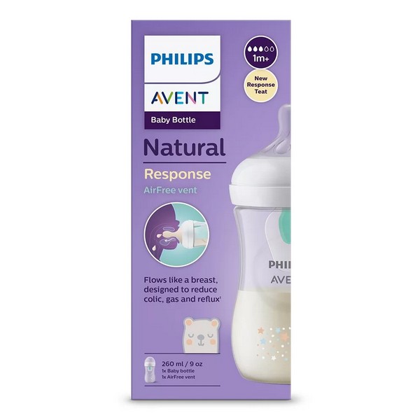 Продукт Philips AVENT с клапа AirFree - Шише за хранене 260 мл с биберон без протичане Natural Response Поток 3, с картинки Звезди и Мече, 1м+ - 0 - BG Hlapeta