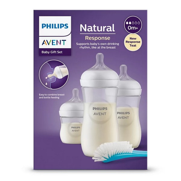 Продукт Philips AVENT Natural Response - Комплект за новородено с 3 шишета за хранене с биберони без протичане и четка за почистване - 0 - BG Hlapeta