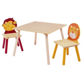 Ginger home ANIMALS - Детска Дървена Маса с 2 Столчета, Комплект - за Учене, Игра, Рисуване, Хранене