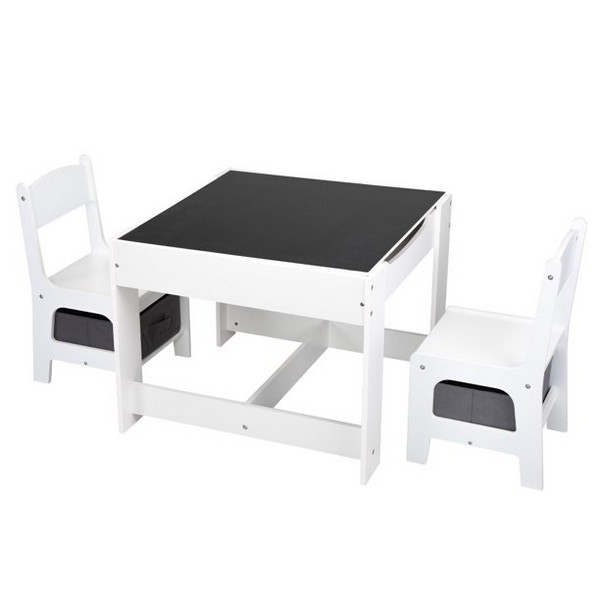 GINGER HOME WHITE - Детска Маса с 2 Столчета, Двустранна с Черна Дъска, Кутии за Съхранение,Комплект от Дърво за Игра, Учене, Хранене