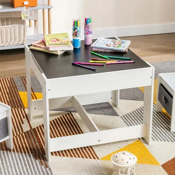 Продукт GINGER HOME WHITE - Детска Маса с 2 Столчета, Двустранна с Черна Дъска, Кутии за Съхранение,Комплект от Дърво за Игра, Учене, Хранене - 0 - BG Hlapeta