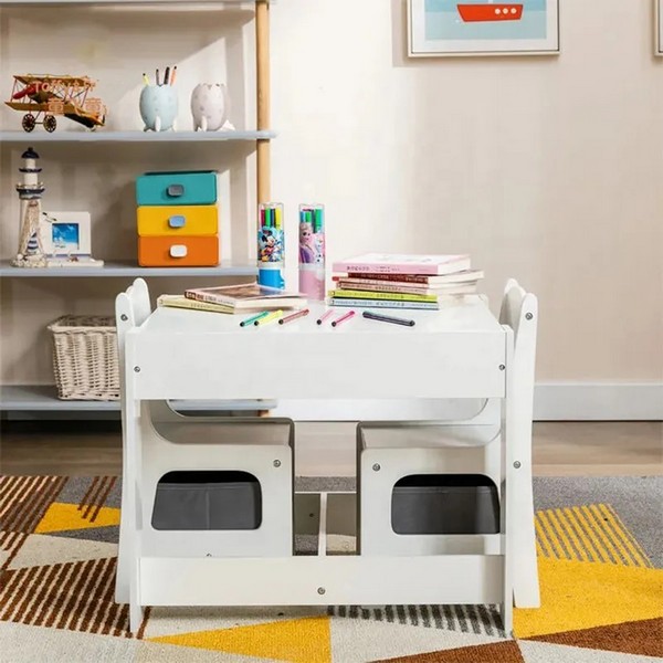 Продукт GINGER HOME WHITE - Детска Маса с 2 Столчета, Двустранна с Черна Дъска, Кутии за Съхранение,Комплект от Дърво за Игра, Учене, Хранене - 0 - BG Hlapeta
