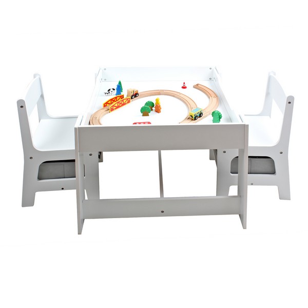 Продукт GINGER HOME WHITE - Детска Маса с 2 Столчета, Двустранна с Черна Дъска, Кутии за Съхранение,Комплект от Дърво за Игра, Учене, Хранене - 0 - BG Hlapeta