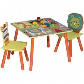 Ginger Home SAFARI - Детска Маса с 2 Столчета, Комплект от Дърво - за Учене, Игра, Рисуване, Хранене