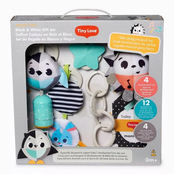 Продукт Tiny Love Magical Tales Black and White - Подаръчен комплект за новородено с 4 сензорни играчки, халки за окачване и 12 карти с етапите на развитие по месеци - 0 - BG Hlapeta