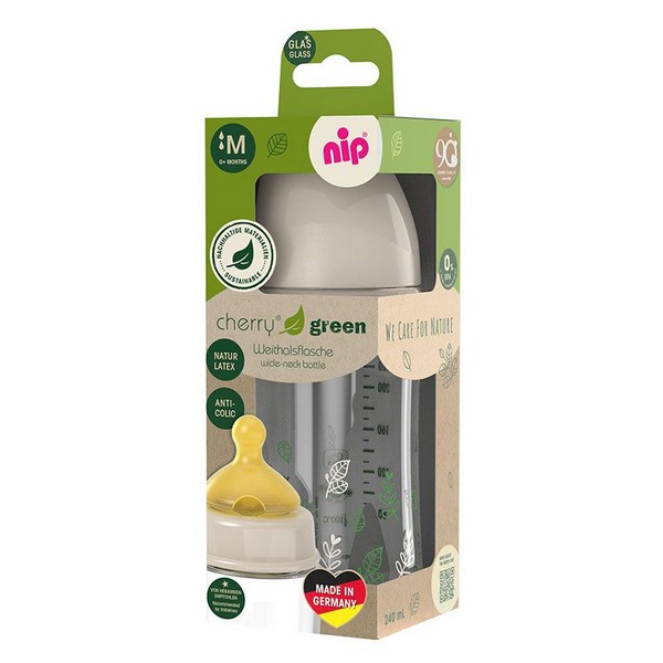 Продукт NIP Cherry Green Flow M - Бебешко шише за хранене стъклено , 240мл, 0 месеца + - 0 - BG Hlapeta