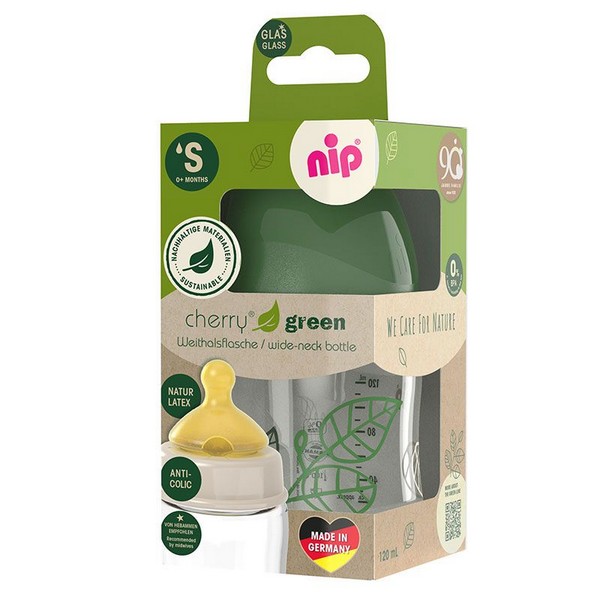 Продукт NIP Cherry Green Flow S - Бебешко шише за хранене стъклено , 120мл, 0 месеца + - 0 - BG Hlapeta