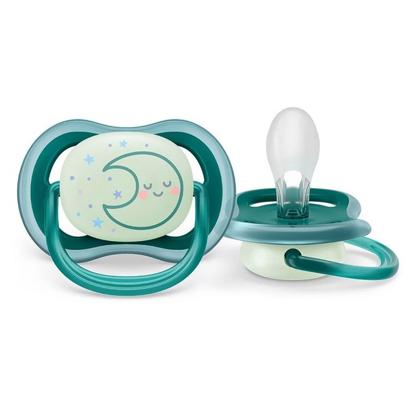 Продукт Philips Avent Ultra Air Night - 2 бр. светещи в тъмното ортодонтични залъгалки 6-18м, сини с декорация, в кутия за стерилизиране и пренасяне - 0 - BG Hlapeta