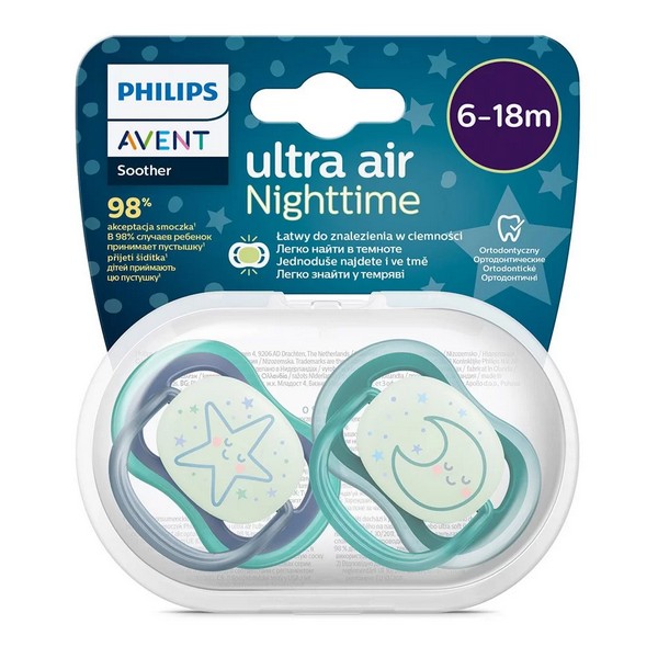 Продукт Philips Avent Ultra Air Night 6-18м - 2 бр. светещи в тъмното ортодонтични залъгалки , сини с декорация, в кутия за стерилизиране и пренасяне - 0 - BG Hlapeta