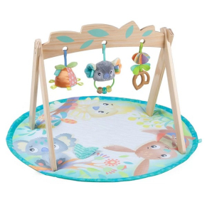 Playgro Fauna Friends - Активна гимнастика с дървена арка, с три свалящи се играчки и подплатено кръгло килимче, 0м+