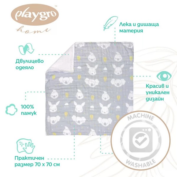 Продукт Playgro Fauna Friends - Бебешко муселиново одеяло за количка от 100 процента естествен памук, размер 70 х 70 см - 0 - BG Hlapeta