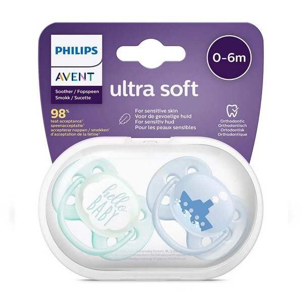 Продукт Philips AVENT Ultra Soft 0-6м Комплект от 2 бр. ортодонтични залъгалки с декорация в кутия за стерилизиране - 0 - BG Hlapeta