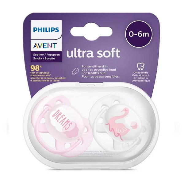 Продукт Philips AVENT Ultra Soft Комплект от 2 бр. ортодонтични залъгалки 0-6м с декорация в кутия за стерилизиране - 0 - BG Hlapeta