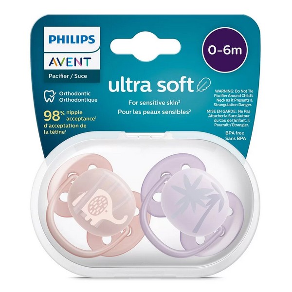 Продукт Philips AVENT Ultra Soft Комплект от 2 бр. ортодонтични залъгалки 0-6м с декорация в кутия за стерилизиране - 0 - BG Hlapeta