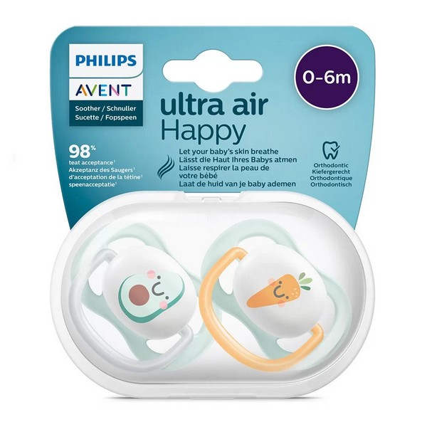 Продукт Philips AVENT Ultra Air Happy 0-6м - 2 бр. ортодонтични залъгалки с декорация цвете и Надпис в кутия за стерилизиране - 0 - BG Hlapeta