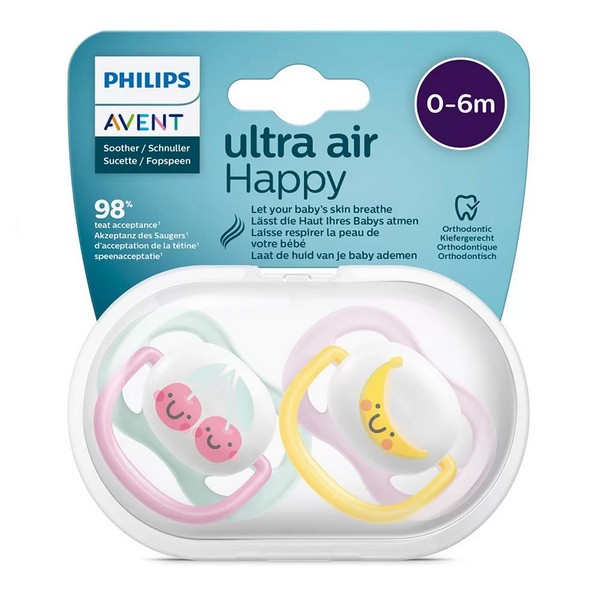 Продукт Philips AVENT Ultra Air Happy 0-6м - 2 бр. ортодонтични залъгалки с декорация цвете и Надпис в кутия за стерилизиране - 0 - BG Hlapeta