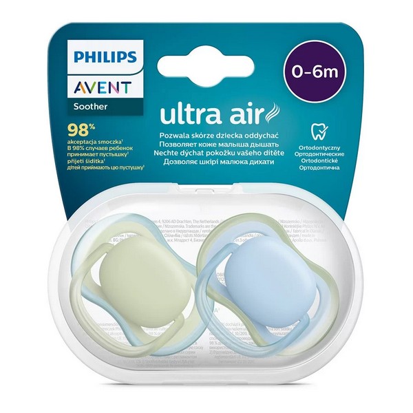 Продукт Philips AVENT Ultra Air - Комплект от 2 бр. ортодонтични залъгалки 0-6м в кутия за стерилизиране - 0 - BG Hlapeta