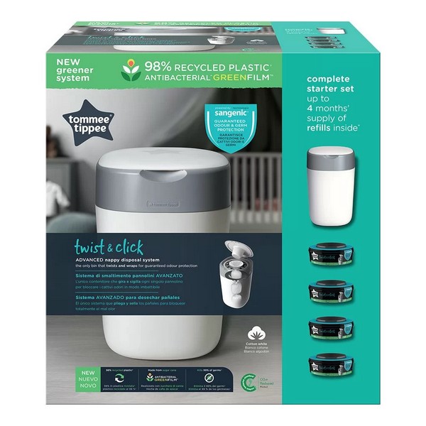 Продукт Tommee Tippee Twist and Click бял + 4бр. резервни касети - Хигиенен кош за памперси - 0 - BG Hlapeta