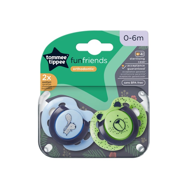 Продукт Tommee Tippee FUN FRIENDS - ОРТОДОНТИЧНИ ЗАЛЪГАЛКИ 0-6М (2 бр./оп.) - 0 - BG Hlapeta