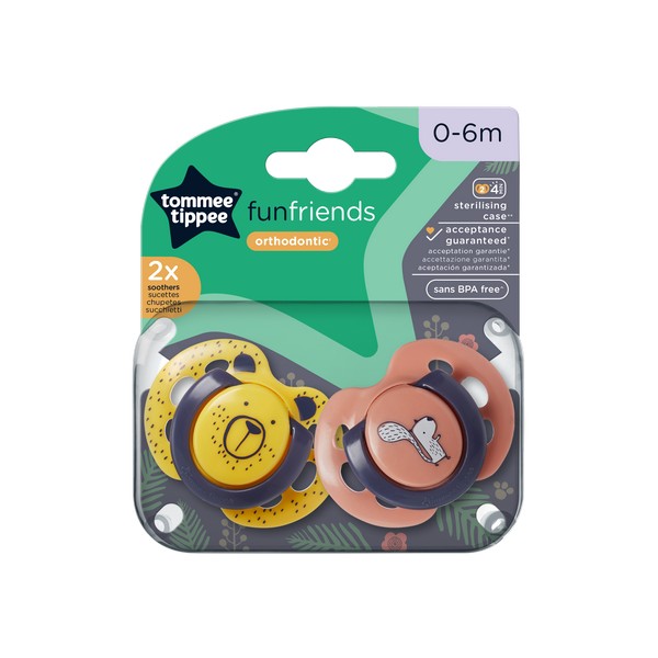 Продукт Tommee Tippee FUN FRIENDS - ОРТОДОНТИЧНИ ЗАЛЪГАЛКИ 0-6М (2 бр./оп.) - 0 - BG Hlapeta