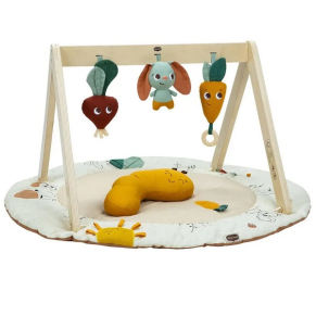 Tiny Love Luxe Gymini Garden of Adventures - Еко Активна гимнастика, с кръгло килимче 90 см, дървена арка, 3 играчки и възглавница за игра по корем, 0м+