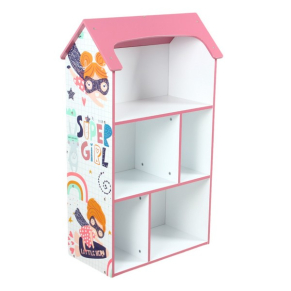 GINGER HOME Детска етажерка - Къщичка SUPER GIRL, Розова за съхранение на играчки и книжки