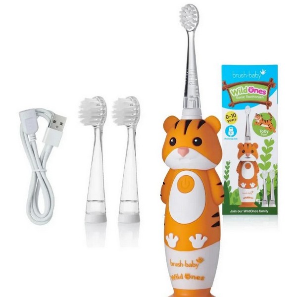 Brush-Baby - Електрическа четка за зъби с USB захранване и 2 бр. резервни глави WildOnes от 0 до 10+ години