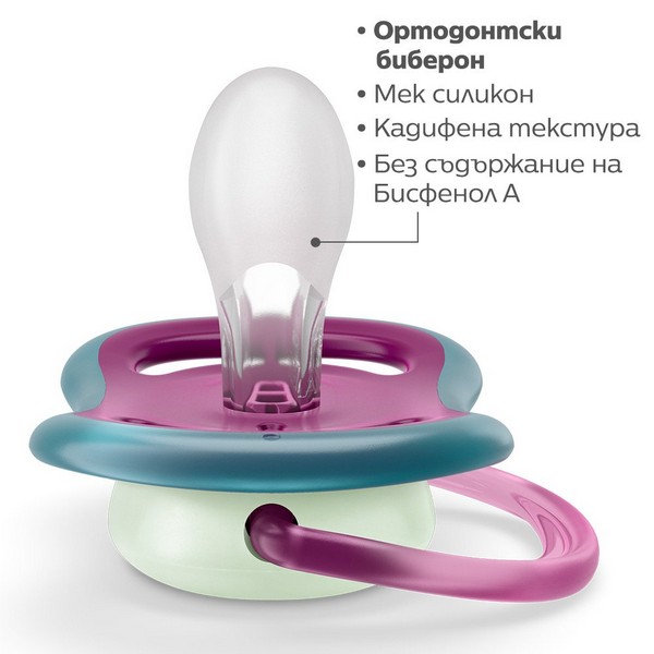 Продукт Philips Avent Ultra Air Night - 2 бр. светещи в тъмното ортодонтични залъгалки 6-18м, розови с декорация, в кутия за стерилизиране и пренасяне - 0 - BG Hlapeta