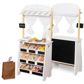 GINGER HOME - Дървен Детски Магазин и Театър 2 в 1, за Ролеви Игри, с Каса, POS Терминал и Скенер със Звук, Играчки и Аксесоари, 45x24x97.5 см, за Деца Над 3 Години