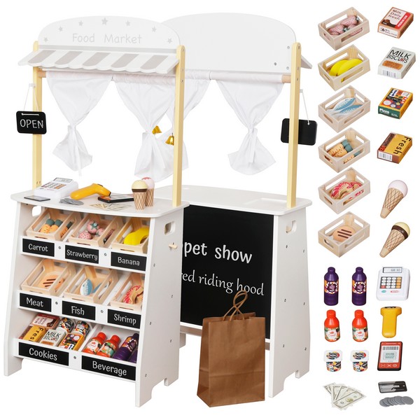 Продукт GINGER HOME - Дървен Детски Магазин и Театър 2 в 1, за Ролеви Игри, с Каса, POS Терминал и Скенер със Звук, Играчки и Аксесоари, 45x24x97.5 см, за Деца Над 3 Години - 0 - BG Hlapeta