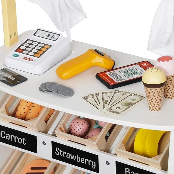 Продукт GINGER HOME - Дървен Детски Магазин и Театър 2 в 1, за Ролеви Игри, с Каса, POS Терминал и Скенер със Звук, Играчки и Аксесоари, 45x24x97.5 см, за Деца Над 3 Години - 0 - BG Hlapeta