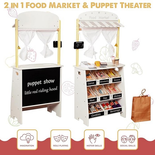 Продукт GINGER HOME - Дървен Детски Магазин и Театър 2 в 1, за Ролеви Игри, с Каса, POS Терминал и Скенер със Звук, Играчки и Аксесоари, 45x24x97.5 см, за Деца Над 3 Години - 0 - BG Hlapeta