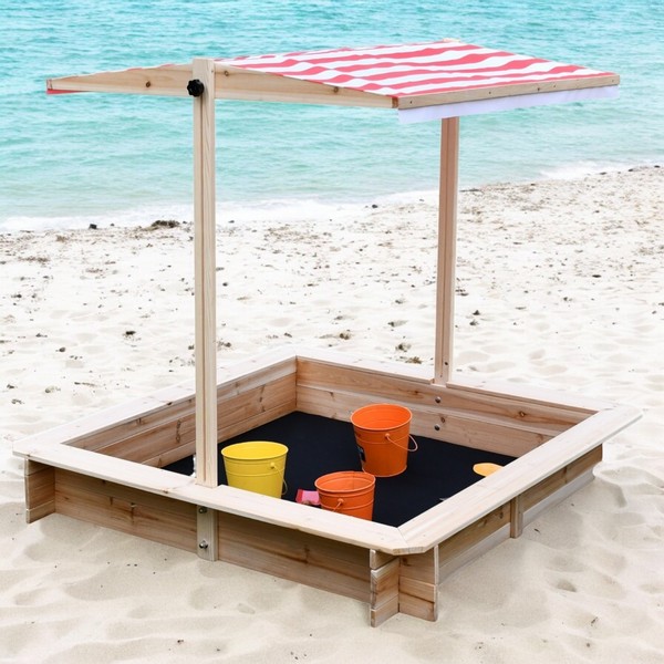 Продукт GINGER HOME - Детски Пясъчник с Регулируем Покрив с UV Защита, 117x117x113 см, Дървен – Идеален за Игра на Открито - 0 - BG Hlapeta