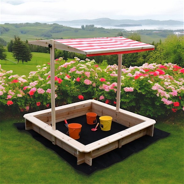 Продукт GINGER HOME - Детски Пясъчник с Регулируем Покрив с UV Защита, 117x117x113 см, Дървен – Идеален за Игра на Открито - 0 - BG Hlapeta