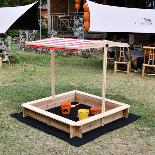 Продукт GINGER HOME - Детски Пясъчник с Регулируем Покрив с UV Защита, 117x117x113 см, Дървен – Идеален за Игра на Открито - 0 - BG Hlapeta