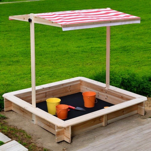 Продукт GINGER HOME - Детски Пясъчник с Регулируем Покрив с UV Защита, 117x117x113 см, Дървен – Идеален за Игра на Открито - 0 - BG Hlapeta