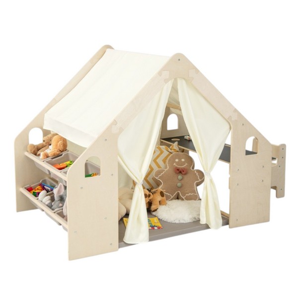 Продукт GINGER HOME - Детска Дървена Къща за Игра 6 в 1 – Стол, Маса, Черна Дъска, Органайзер, Тента и Мека Подложка - 0 - BG Hlapeta
