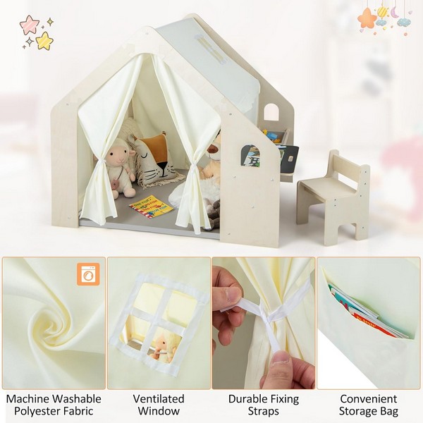 Продукт GINGER HOME - Детска Дървена Къща за Игра 6 в 1 – Стол, Маса, Черна Дъска, Органайзер, Тента и Мека Подложка - 0 - BG Hlapeta